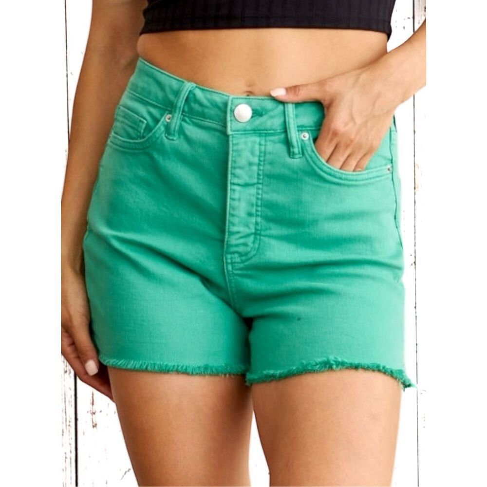 High Rise Tummy Control Denim Shorts Green Aqua Raw Hem Stretch RFM Size XL NWT